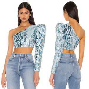 NBD Eris One Shoulder Top Blue Metallic Leopard S